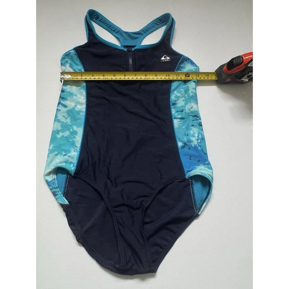 Gerry Girls Size 16 One Piece Swimsuit Navy Blue Turquoise Zip Front